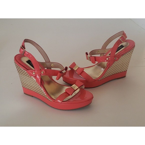 White House Black Market Shoes - White House Black Market WHBM AMARIE Orange Melon & Gold Bow Wedge Heels Sz 6.5